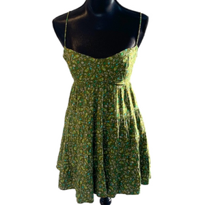 NEW Sky to Moon Olive Green Floral Flowy Balconette Tie Back Mini Dress Lg